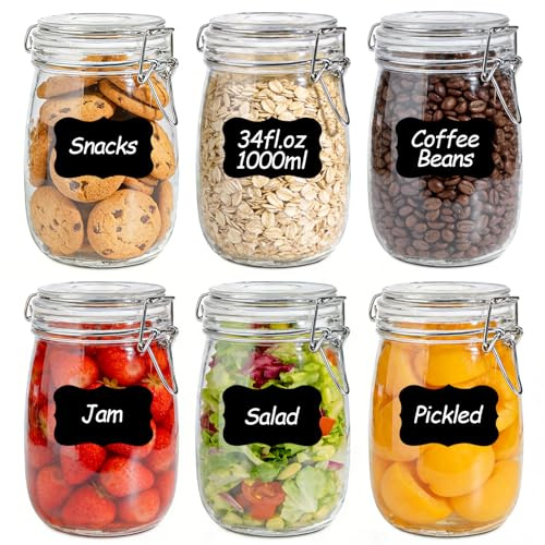 KTMAMA Glass Jars with Airtight Lids 34 oz 6 Pack Food Storage Pantry Round | Leak Proof,BPA-Free,Cereal Flour Sugar Rice Cookies Candy Nuts Snacks Dry Goods Storage, Pantry Organization, Pickling