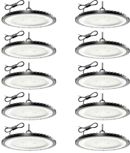 Lampe Eclairage Atelier 300W 10 Pièce,6500K Blanc Froid UFO Lampe Atelier avec 50cm Chaine,30000LM Super Brillant Plafonnier LED Garage,IP65 Étanche Éclairage de Plafond pour Garage Entrepôt Usine