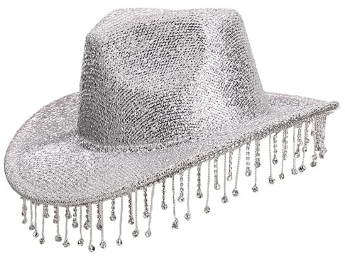 Monwssoe Strass-Cowgirl-Hut, verstellbarer silberfarbener Glitzer-Cowboyhut mit Glitzer und Quasten für Damen, leichte Westernkappe für Outdoor-Events