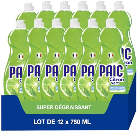 Paic, Liquide Vaisselle Éclat Citron Vert, Super Dégraissant, 12 x 750 ml | Produit vaisselle liquide concentré, Action dégraissante intense et brillance éclatante, Fabriqué en France