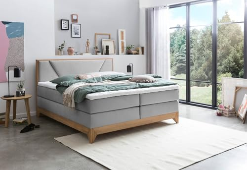 Belanoti Riviera Boxspringbett 200x200 Eiche 7-Zonen Taschenfederkern Matratze inkl Visco Topper Bett 200x200 in der Farbe Hellgrau H2/H3 Polsterbett Hotelbett mit Massivholz Eiche Massivholzbett