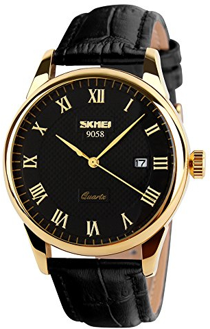 SKMEI Business-Herren-Quarz-Armbanduhr, römische Ziffern, Lederband, lässig, wasserabweisend, analoge Uhren, Schwarz + Gold, Business