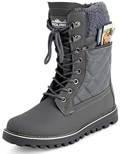 Polar Womens Memory Foam Outside Pocket Inside Zip Thermal Waterproof Deep Tread Rubber Sole Snow Boots - Grey Leather - UK4/EU37 - YC0625