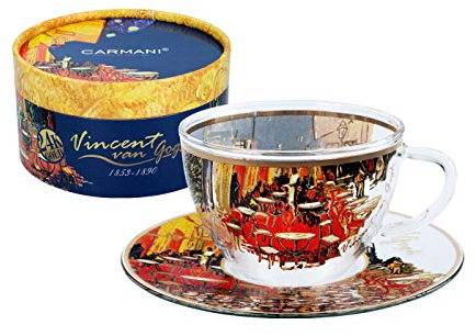 CARMANI - Taza de chocolate caliente con diseño de café con leche pintada de vidrio único con Café Terrace at Night por Vincent Van Gogh