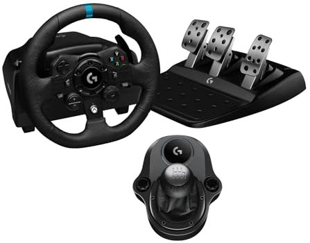 Logitech G923 Volante da Corsa e Pedali per Xbox One e PC, Presa Inglese - Nero & Driving Force Leva di Cambio, 6 Marce di Velocità con manopola ad H, Pomello del Cambio in Vera Pelle, Nero