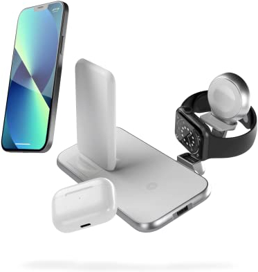 ZENS Qi/MFi-zertifiziertes Aluminium 3in1 Ladegerät für 1 Telefon, AirPods + Watch - App & Samsung Fast Charging Standard - Für alle Qi-fähigen Telefone und Serien/Größen der Watch