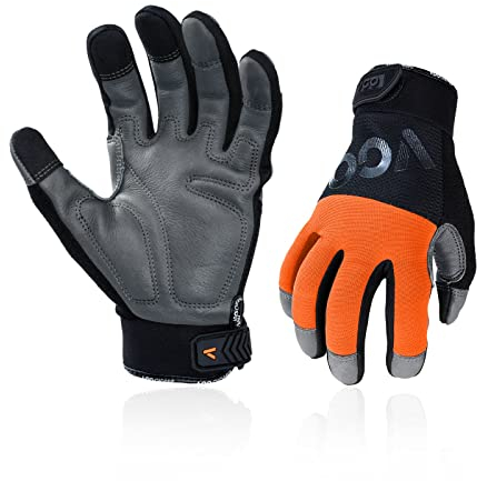 Vgo... Work Gloves Anti Vibration in Cowhide Touchscreen, Mechanics Gloves Multi-purpose Light&Medium Duty, 1 pair (Orange, CA7723WR)