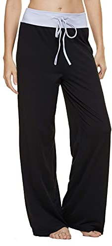 AMYTIS Damen Yogahose Stretch Freizeithose Bequeme Pyjamahose Schlafanzughose Lang Leichte Lounge Hose Hausanzug Hosen Relaxhose Fitness Sommer Weites Bein,PureBlack,XXL
