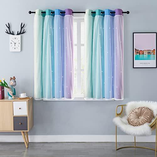 GIRASOLE HOME® Coppia Tende Doppio Velo Oscuranti Morbide Fantasia Stelle Vuote Tenda Isolante per Camera e Cameretta Bambini 2 Pannelli con Occhielli (140x145cm, Arcobaleno Freddo)