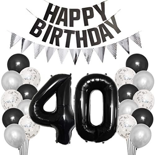 Borsgye 40. Geburtstag Deko Set 40 Jahr Geburtstagsdeko Ballon Männer Junge Frauen Schwarz Happy Birthday Banner Silber Glitzernder Dreiecks Banner Konfetti Luftballons Schwarz Folienballon Zahl 40