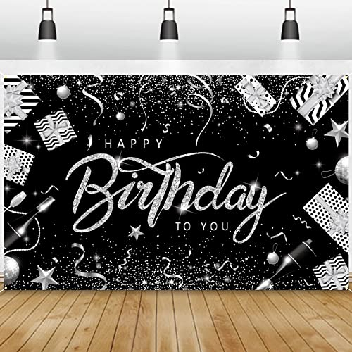 GRESATEK Silber Schwarz Geburtstag Banner, Happy Birthday Banner Party Deko, Extra Großes Banner Drinnen und Draußen Poster Geburtstagsdeko Hintergrund für Mädchen und Frauen