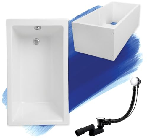BADLAND Badewanne Original Weiß Acryl Wanne Rechteck CAPRI 120x70 KOMPLETTSET SET mit Premium Wannenträger + Füßen und Exklusive Chrom Automatik Ablaufgarnitur Made in EU 4in1
