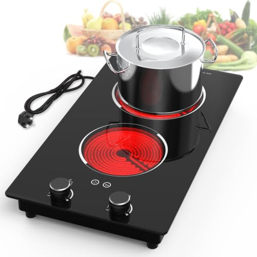 GIHETKUT Electric Cooktop,110V 2100W Electric Stove Top with Knob Control, 10 Power Levels, Kids Lock & Timer, Hot Surface Indicator, Overheat Protection,Built-in Radiant Double induction cooktop