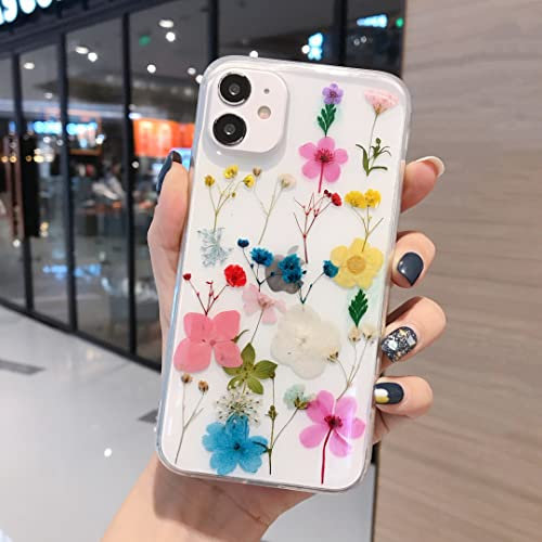 EYZUTAK Case for iPhone 11 6.1 inch, Bling Glitter Sequin Handmade Real Dried Flower Leaf Embedded Pressed Floral Flexible Soft Rubber Gel TPU Protective Bumper Back Cover - Yellow Tassel Flower