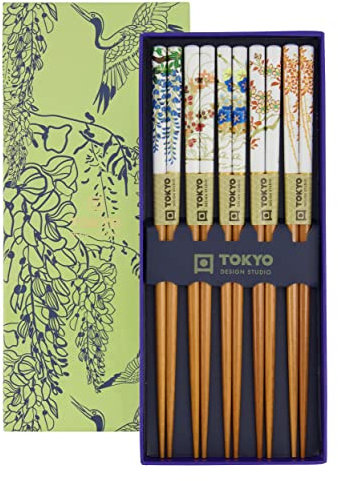 TOKYO design studio ESS-Stäbchen aus Holz, 5-er Set, Floral Patterns, 22,5 cm lang, inkl. Geschenk-Box