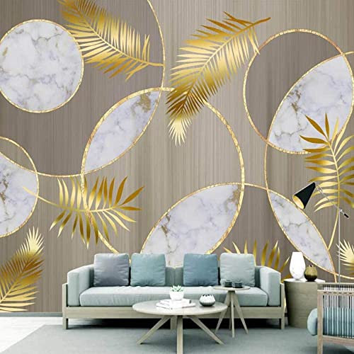 Papier Peint Mural Pour Chambre À Coucher Feuilles Dorées Rondes En Marbre À Grain De Bois 3D Wall Sticker Art Peintures Murales Étanche Diy Décoration Murale Pour Chambre Salon Salle 400(L)x280(H) cm