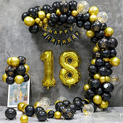 18 Geburtstag Deko, 18 Geburtstag Mädchen Junge, 18 Jahre Geburtstagdeko, Happy Birthday Girlande Ballon Schwarz Gold Dekoration, Deko 18 Geburtstag Konfetti Luftballons Birthday Party Mann Frauen