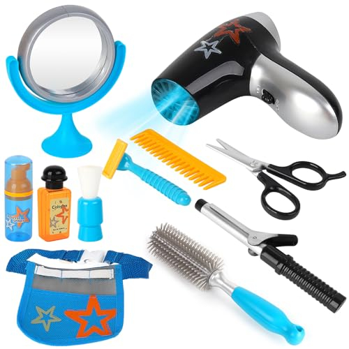 deAO Stylist Friseur Friseursalon Rollenspielset mit Haartrockner, Lockenstab und Styling-Zubehör inklusive für Kinder, Haarstyling-Set für Kinder (11stk)