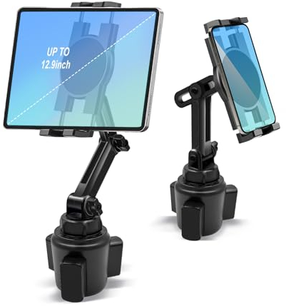 Cup Holder Car Tablet Mount, 360° Adjustable 2-Arm Stand Holder for iPad Pro 12.9/11/10.5/9.7/Air/Mini 6/5/4, Samsung Galaxy Tab/Z Fold 6/5, Amazon Fire HD, iPhone 16/15/14/Pro, 4.7-12.9 Tab & Phone