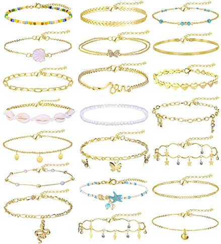 Morfetto 21 Pcs Ankle Bracelet for Women Teen Girls Adjustable Colorful Beaded Anklet Chain Boho Beach Anklet Chain Bracelet Set Silver Gold Anklet Foot Jewelry Gold
