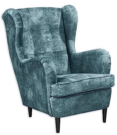 OSKAR Ohrensessel mit geknöpfter Polsterung, Smoke Blue - Vintage Wohnzimmer Sessel mit Massivholz Füßen - 78 x 102 x 98 cm (B/H/T)