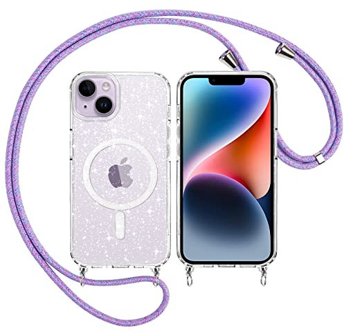 Yoedge Transparent Glitzer Magnetische Handykette Handyhülle Kompatibel mit MagSafe für iPhone 14 / iPhone 13 Hülle mit Band 6,1, Sparkle Schutzhülle Built in Magnet Clear Cover Case, Lila