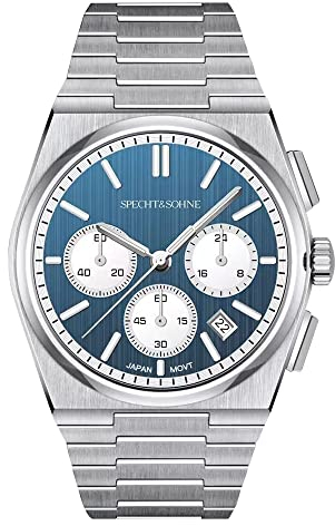 TACTO Specht&Sohne Luxuriöse klassische Quarzuhr für Herren, Japan VK63 Chronograph, Saphirglas, leuchtende Edelstahl-Uhr, 50 m wasserdicht, Sprx-2, Klassisch