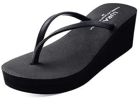 New Front Chanclas de Cuña Altas Negras para Mujer Elegantes - Playa Moda Tacón Inclinado Caucho Confort Verano Arena Vacaciones Piscinas Negro 38