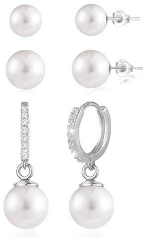 Silber 925 Ohrringe Perlen Set, 3 Paar Ohrstecker Kleine Perlen Creolen mit Perlen Damen Silber Ohrringe Hängende Süßwasserperlen Silber 925 Creolen Zirkon Strass Perlen Ohrsteck Damen Frauen