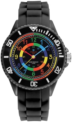 Alienwork Kids Montre Pédagogique Apprendre l'Heure Enfants Garçon Fille Noir Bracelet en Silicone Multicolore Enfants Résistant à l'eau 5 ATM Temps d'apprentissage