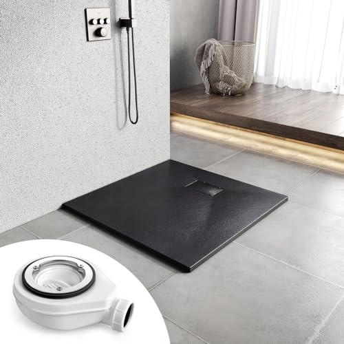 Heilmetz Duschwanne mit Siphon 80x80cm Flach Duschtasse Höhe 2.6 cm SMC Brausewanne Steinoptik Antirutsch Duschtasse mit Ø 90mm Ablaufgarnitur -Schwarz
