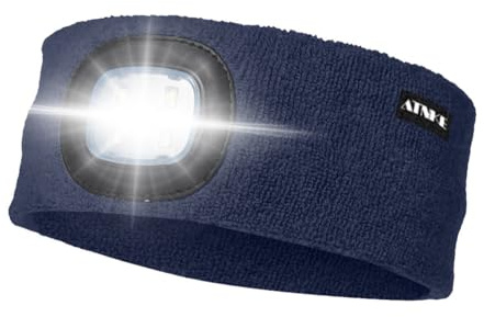 ATNKE LED Beleuchtetes Stirnband, Wiederaufladbare USB Lauf Stirnbänder mit Licht Extrem Heller 4 LED Lampe Winter Warme Stirnlampe für Herren und Damen Geschenke/Light Navy Blue