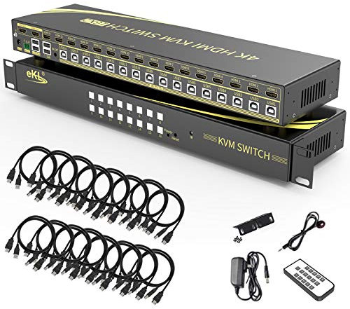 KVM Switch 16 Port HDMI 2.0 KVM Switch Supports Hotkeys Swapping 4K@60Hz 4:4:4 1080p 3D 16 PCs Sharing with One Set of Keyboard and Mouse
