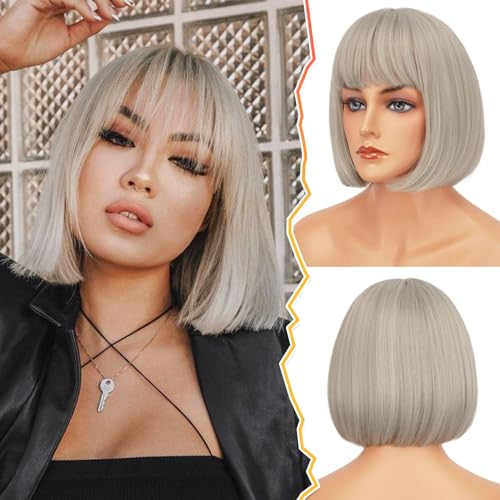 BARSDAR Grau Perücke mit Pony, 30cm Kurze Gerade Bob Perücke für Damen Natürlich Aussehend Hitzebeständige Synthetische Perücken Tägliche Party (Grau)