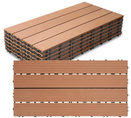 Jiubiaz WPC Terrassenfliesen Holzoptik 30x60 cm, 2m² = 12 Fliesen Klickfliesen, Balkonfliesen Bodenbelag für Balkon & Terrasse - wetterfest mit Drainagefunktion | Hellbraun