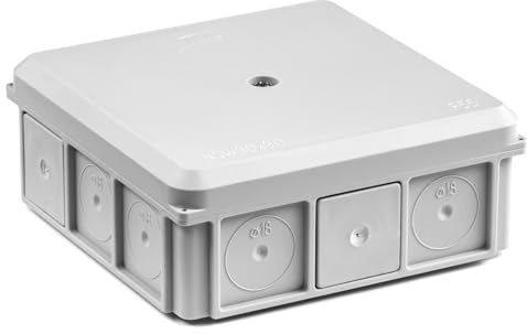 SIMET Anschlussdose 90x37x90mm IP55 mit 5 Stopfbuchsen, Verschluss mit einer Edelstahlschraube, Steckmontage, Glutbeständigkeit 650 °C, UV-beständig, grau, 1 Stück