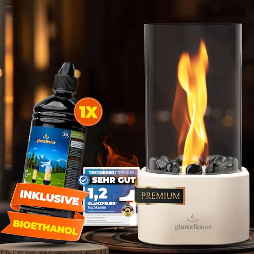 Glanzfeuer Bioethanol Tischkamin Outdoor & Indoor inkl. Bio Ethanol - Extra Lange Brenndauer - Tischfeuer Deko - Tisch Kamin Feuer Set - Garten & Deko Geschenk