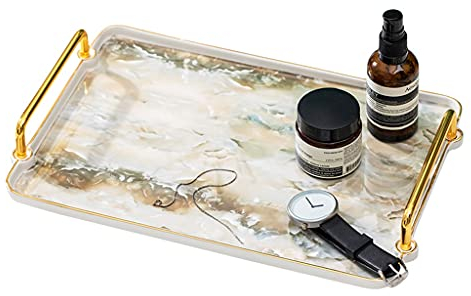 Couchtisch-Tablett, Serviertablett, Keramik-Serviertablett, rechteckig, dekoratives Tablett, Kaffeetasse, Aufbewahrungstablett, Frühstückstablett mit Griffen, Beige, 33,5 x 21,5 x 5 cm