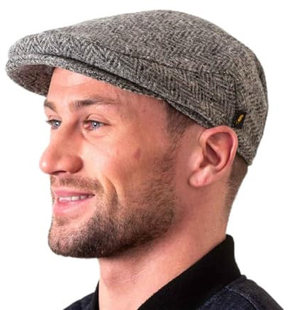 Hatman of Ireland Authentische Tweed Flachkappe für Herren 100% Donegal Tweed Fischgrätenmuster handgefertigt Hergestellt in Irland (DE/NL/SE/PL, Alphanumerisch, L, silberfarben/grau)