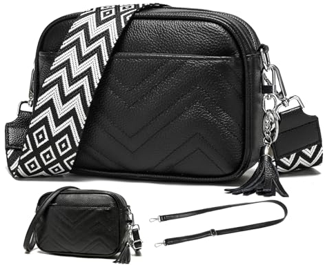KUNKUN Kleine Handtasche Leder Tasche Damen Umhängetasche Schwarz Klein Crossbody Bag Damen mit Drei Reißvers Chlussfächern und 1 Breiter Gurt und 1 Dünnen Schultergurten