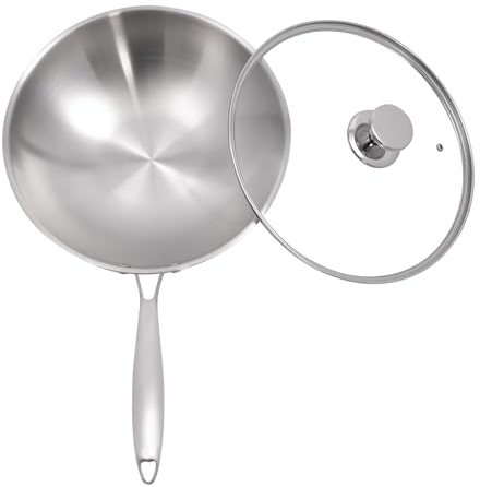 Ciounmb Sartén wok de 30 cm, sartén con tapa wok de acero inoxidable para cocinar platos asiáticos para inducción, eléctrica, gas (plata, 30 cm)