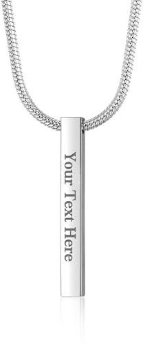 TOLOWOBK Personalised Mens Necklace 4 Side Engraving Bar Custom Necklaces | Silver/Gold/Black Stainless Steel ID Name Date Code Snake Chain for Men Personalised Christmas Birthday Gifts for Men Boys
