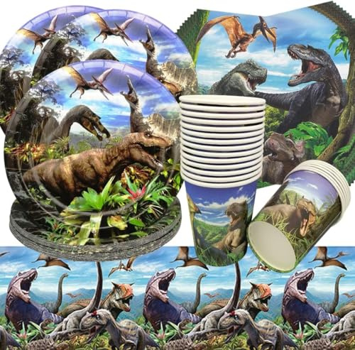 Decoracion de fiesta de cumpleaños de dinosaurios, 61 piezas de vajilla de fiesta de dinosaurios set de fiesta de cumpleaños platos tazas servilletas de cumpleaños de dinosaurios para
