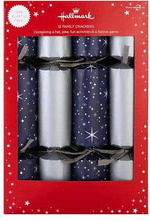 Hallmark Christmas Crackers, 2 Silver & Blue Starry Sky Designs, Pack of 12 in 2 Designs, Snakes & Ladders, Silver & Blue