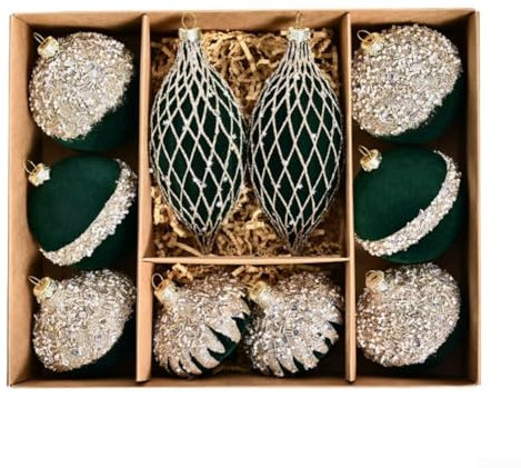 Hasaller 10 palline di Natale da 8 cm, in velluto floccato, con diamanti colorati, da appendere alla finestra, decorazione natalizia (verde scuro)