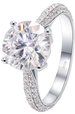 Wycian Damenring Platin, Ringe Schmuck Damen Silber Set 14K Weißgold Moissanit 2CT 8X8mm Weiß Runde Form 4 Prong Größe 45 (14.3) für Verlobung