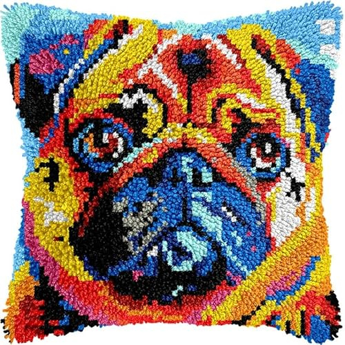 Mops DIY Knüpfkissen-Set für Erwachsene, Kissenbezug, bedruckter Kissenbezug, Häkelgarne, Knüpfkissen, Herstellung für Zuhause, Sofa, Dekoration, 43,2 x 43,2 cm (d224)