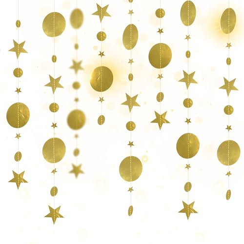 52 Ft Gold Star Garland, Glitter Christmas Star Bunting, Paper Stars Garland Decoration for Christmas Birthday Wedding Room Home Decorations (4 Pack)