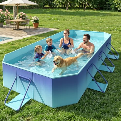 HeySplash Foldable Pool, Non Inflatable Pools for Kids and Adults, Outdoor Pool with Metal Bracket, Foldable Dog Pool Swimming Pool, Kids Pools for Backyard Garden 114×70.5×19.7, Glacial Blue
