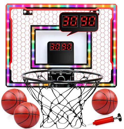 Panier de Basket Interieur pour Enfant, Mini Panier de Basket sur Porte avec éclairage LED Multicolore et Double Tableau d'affichage, Portable Jeux de Basketball Jouets Cadeau pour Garçons Filles